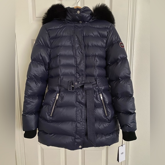 NWT UGG Valerie Navy belted down hooded parka sheep fur collar women’s size M - Picture 15 of 16
